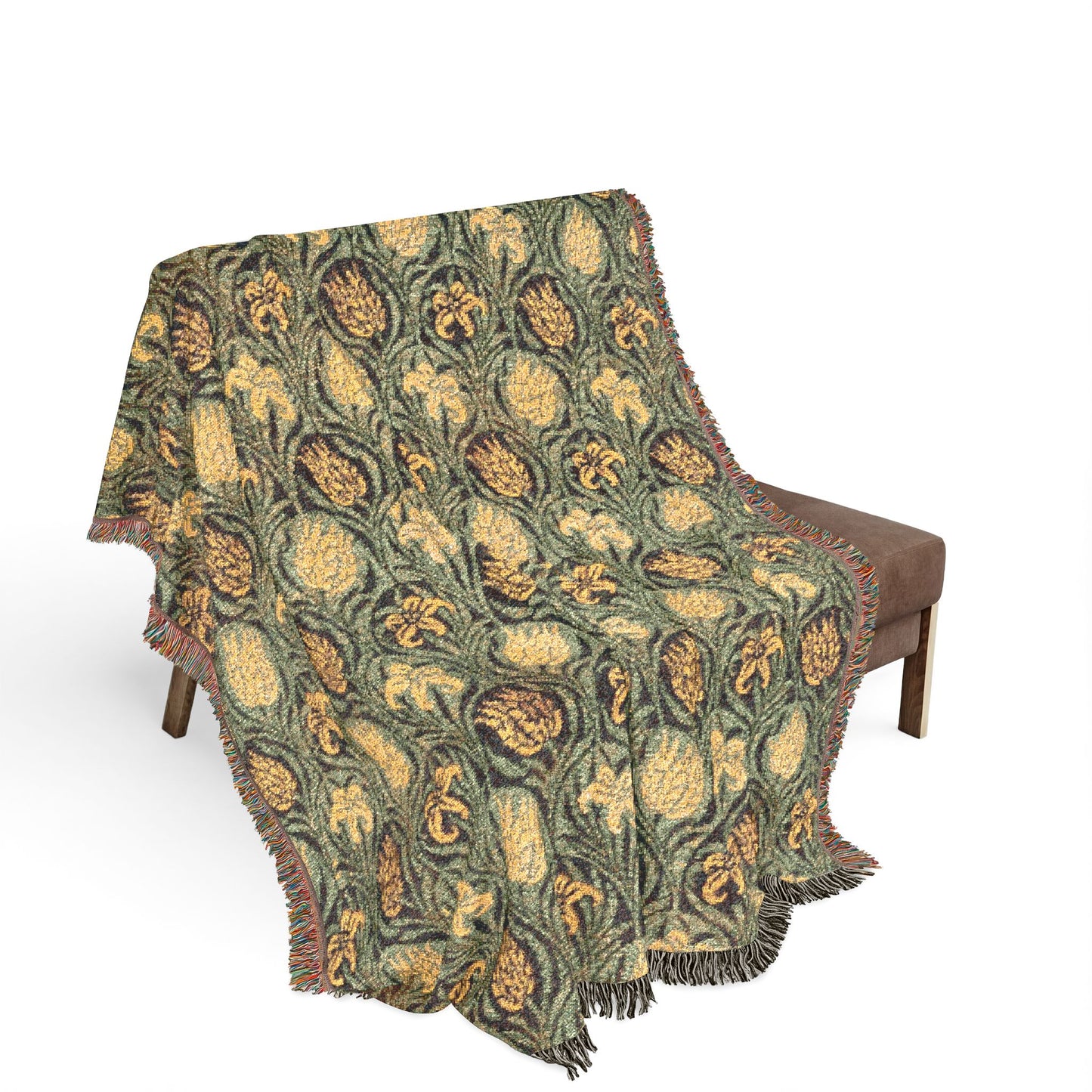 Plaid blanket draped over a chair on a white background