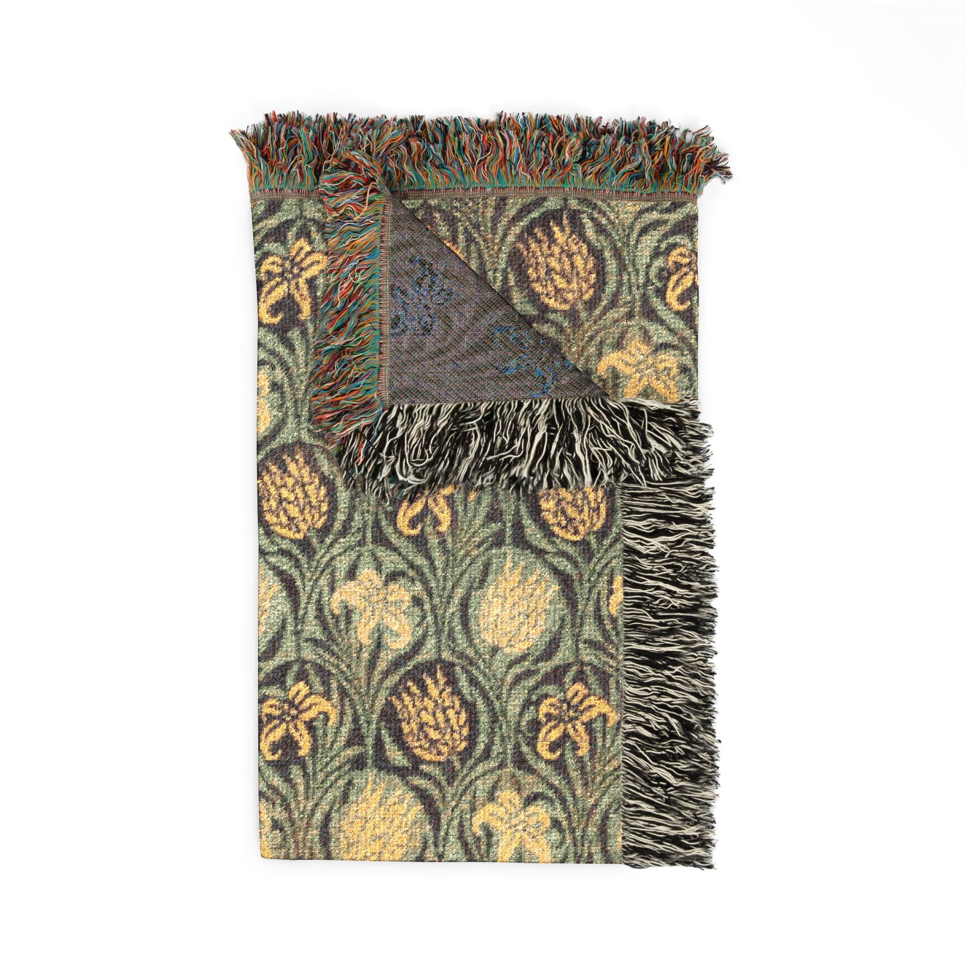 Patterned throw blanket with fringes on a white background