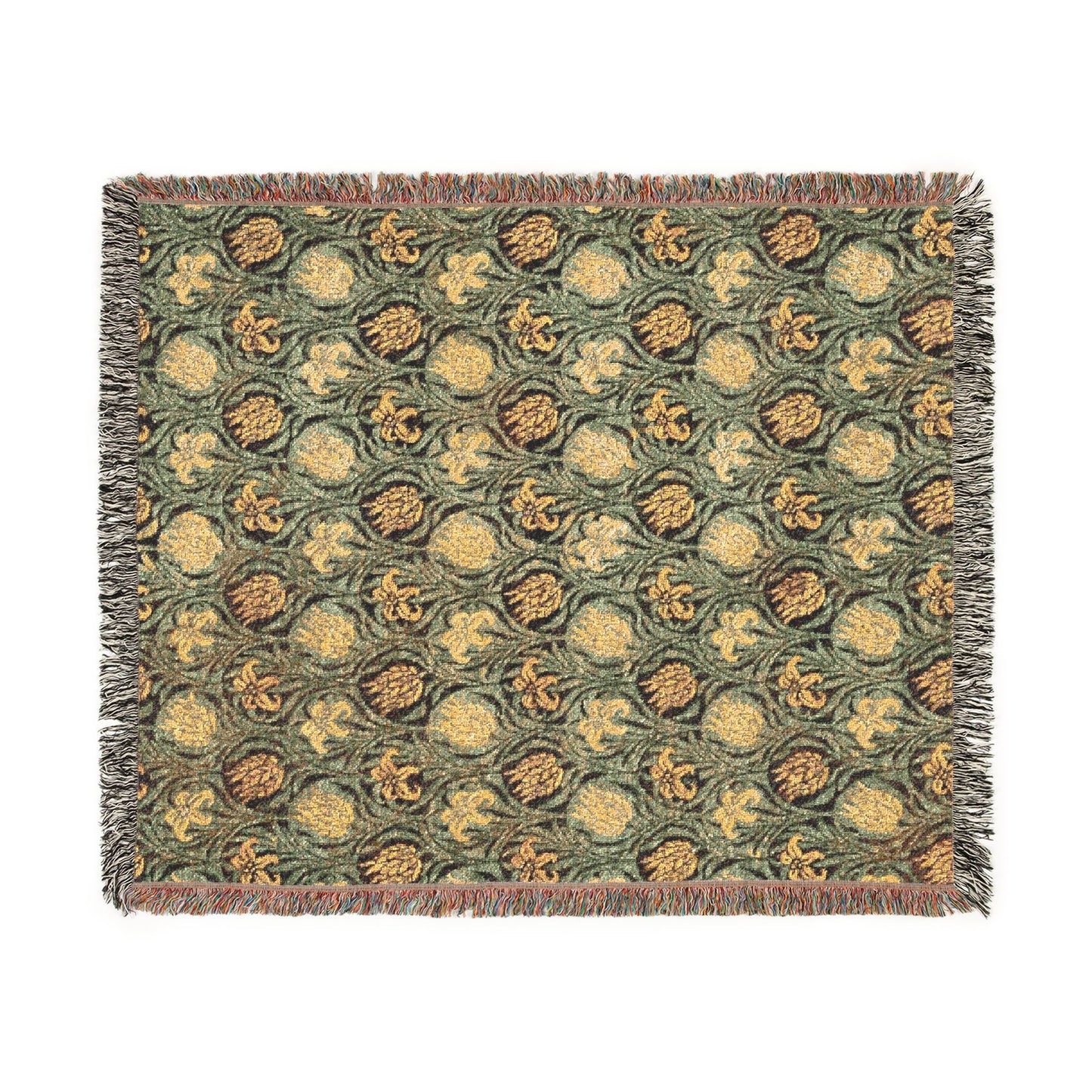 Patterned throw blanket with green and brown colors on a white background