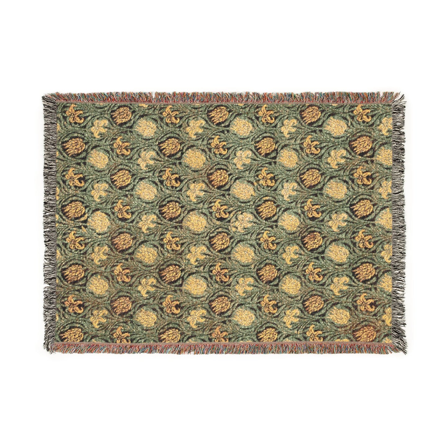 Decorative woven blanket with a floral pattern on a white background