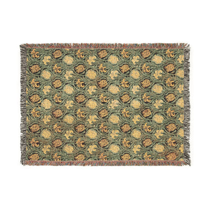 Decorative woven blanket with a floral pattern on a white background