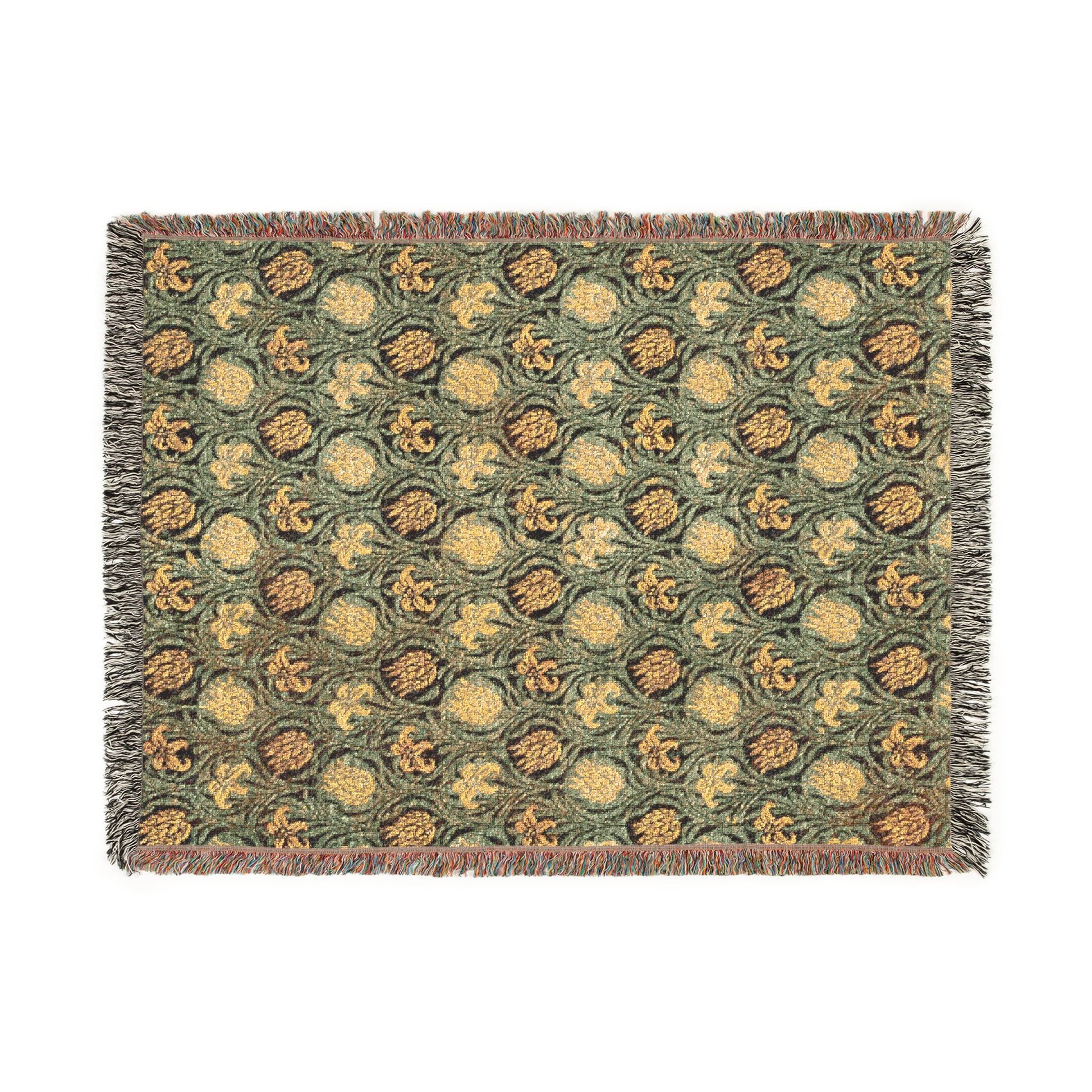 Patterned rug with fringes on a white background