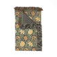 Decorative throw blanket with floral pattern and fringed edge on a white background