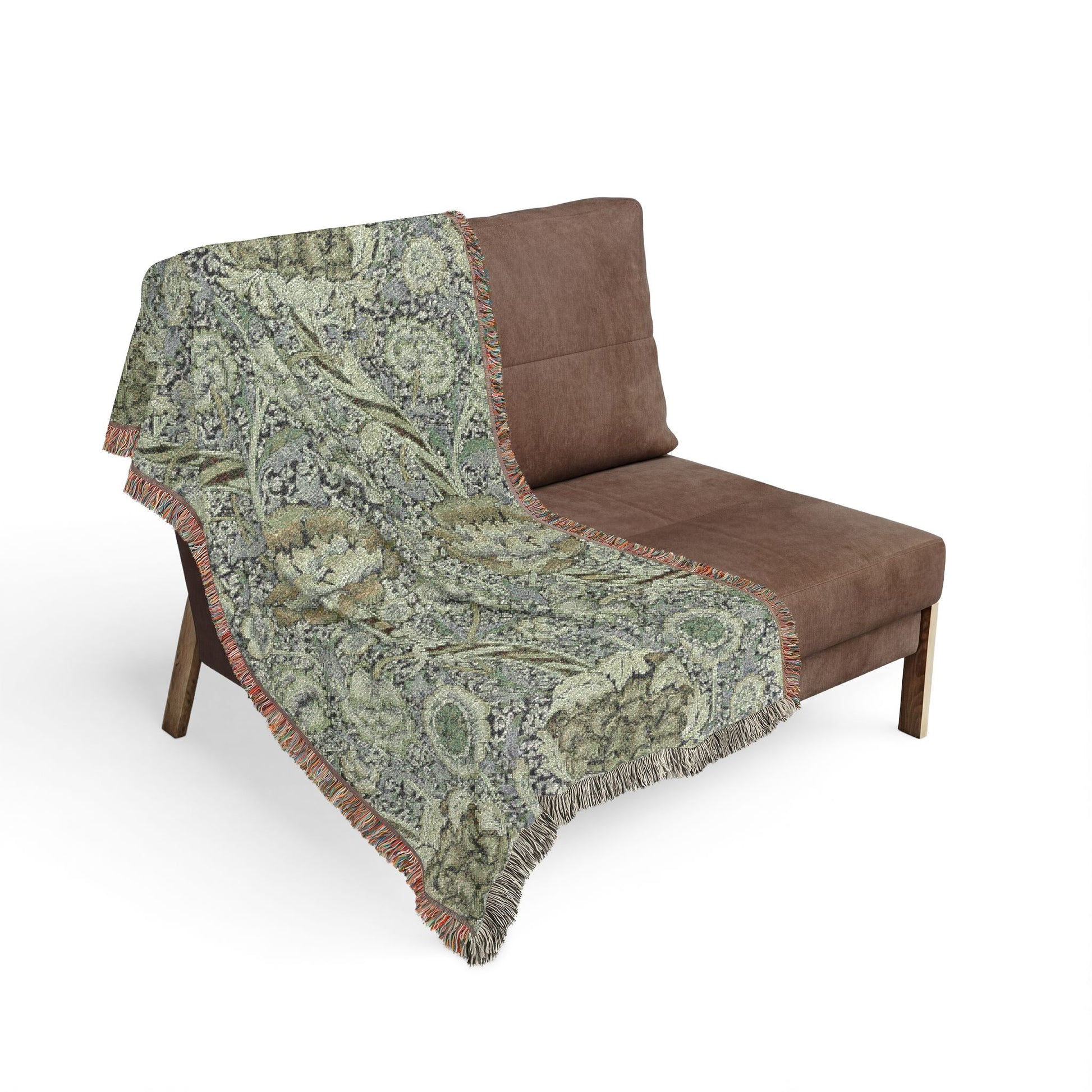 Gray blanket with text and heart design draped over a brown chair on a white background