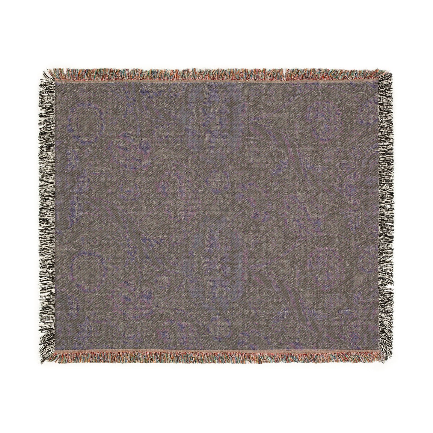 Gray patterned throw blanket with fringe on a white background