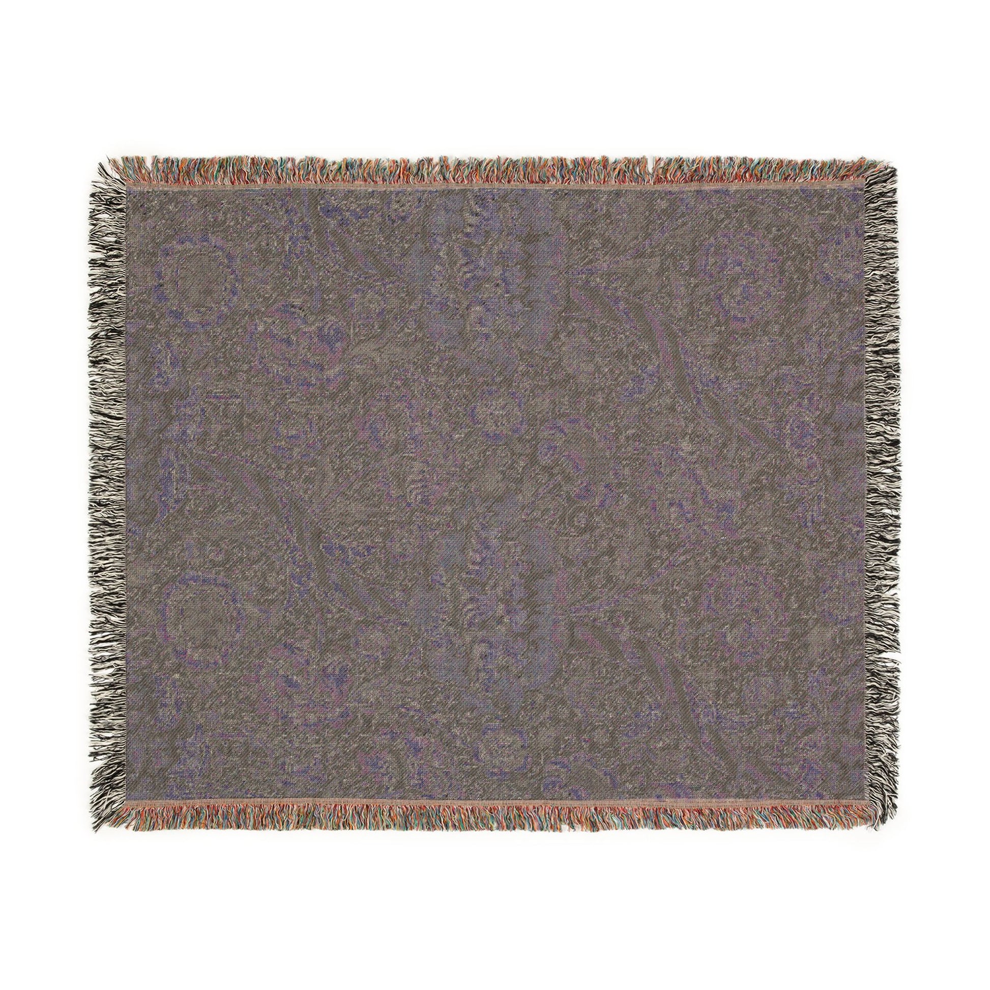 Gray patterned throw blanket with fringe on a white background