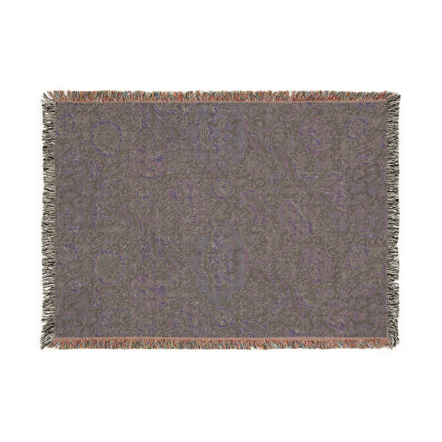 Gray woven blanket with fringe on a white background