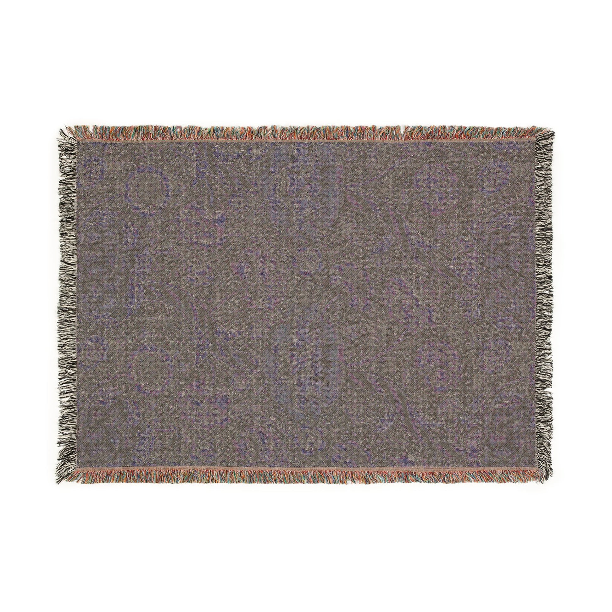 Gray woven blanket with fringe on a white background