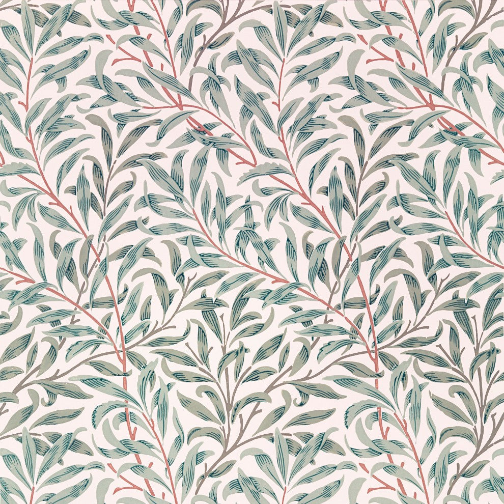 Pattern of green leaves and red stems on a light background
