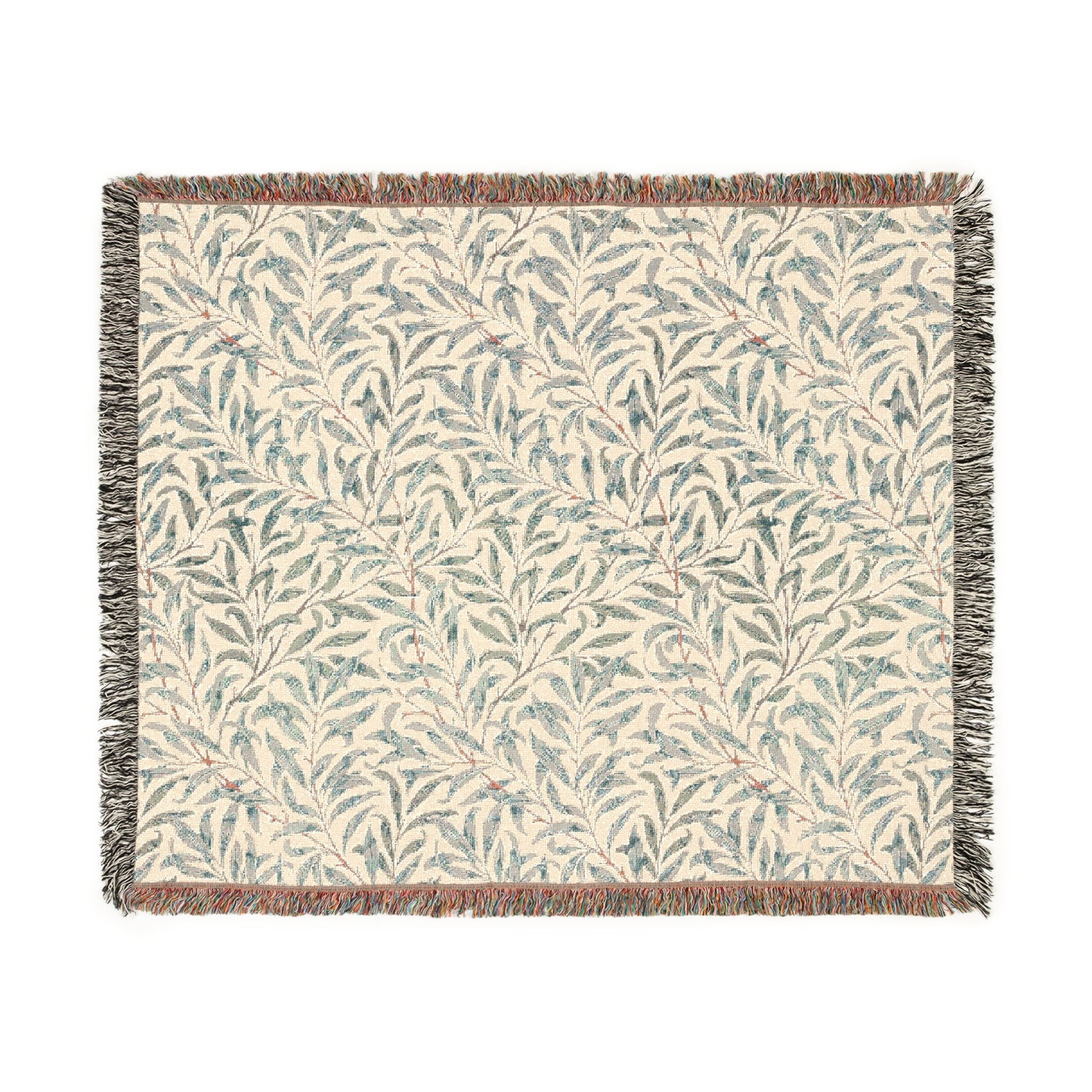 A rectangular woven cotton blanket with a floral pattern in subtle colors, featuring a colorful fringed edge.
