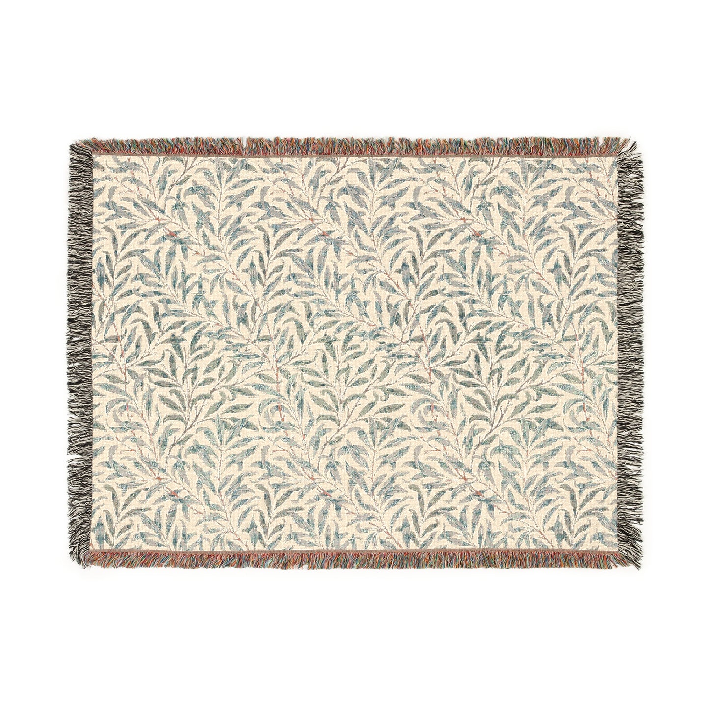 A rectangular woven cotton blanket with a floral pattern in subtle colors, featuring a colorful fringed edge.