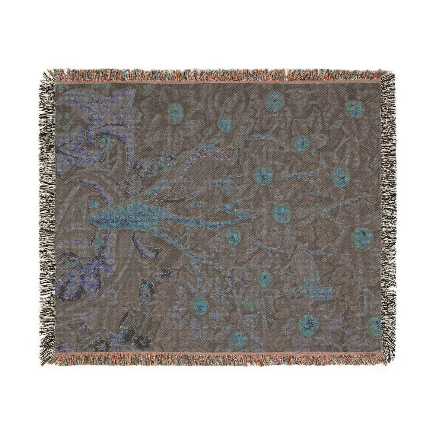 Decorative throw blanket with intricate pattern on a white background