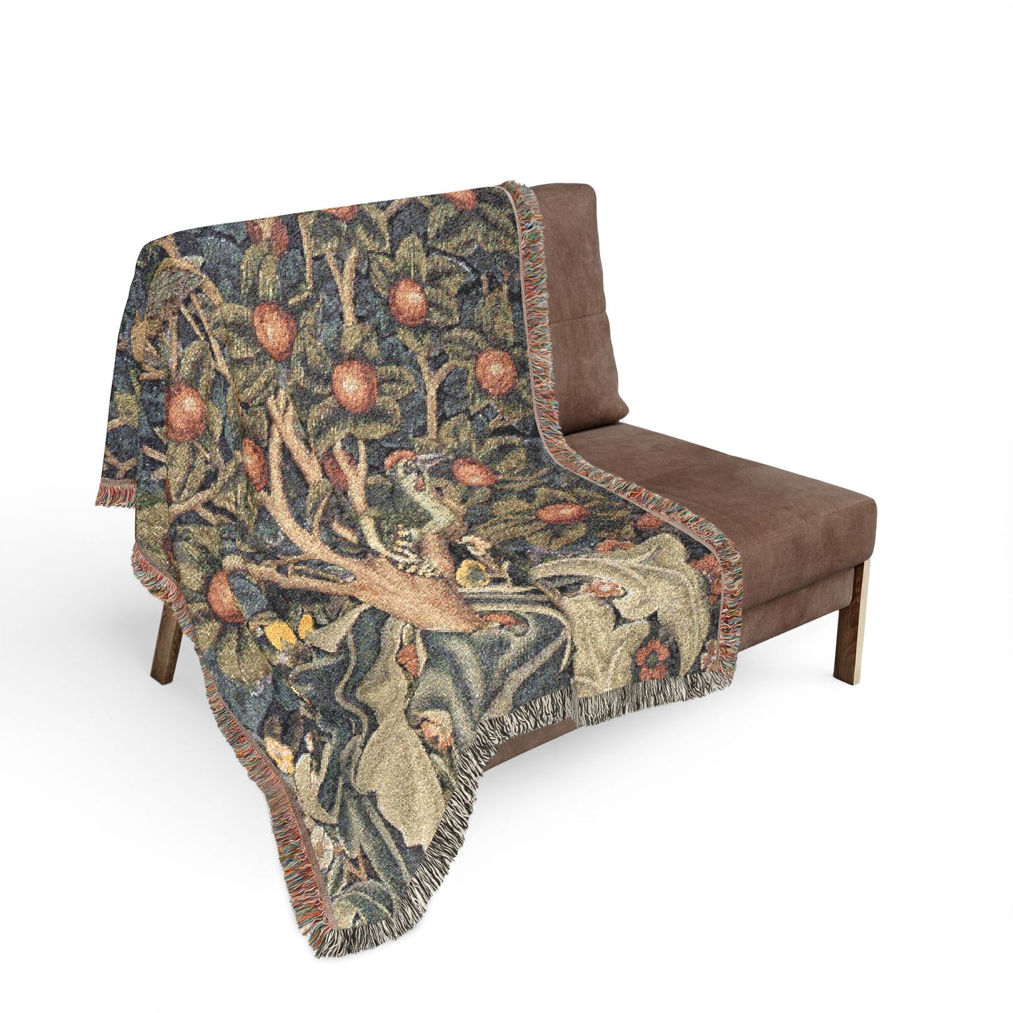 Decorative tapestry with a fantasy design draped over a brown chair on a white background