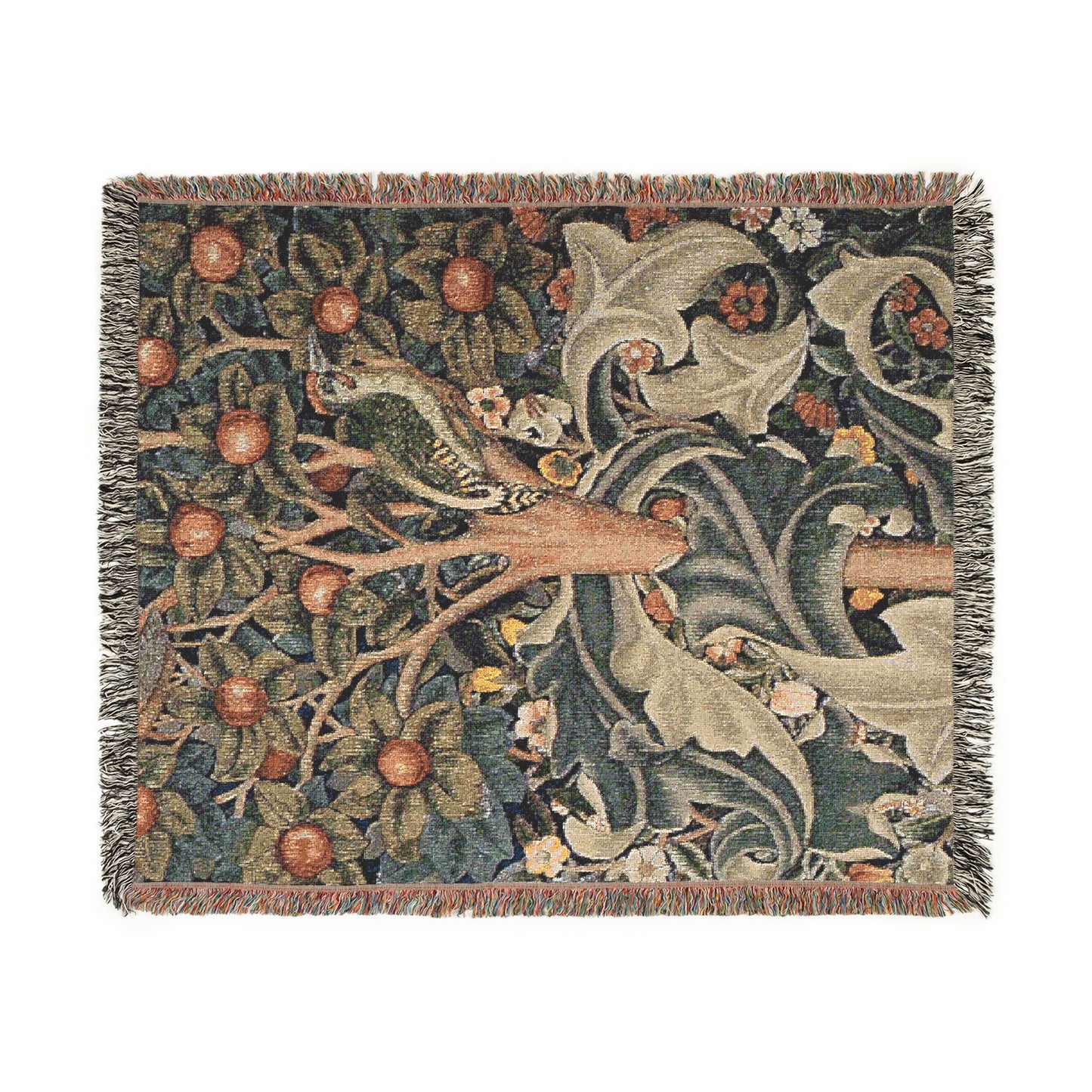 A woven cotton blanket with a floral and bird pattern, featuring a colorful fringe.