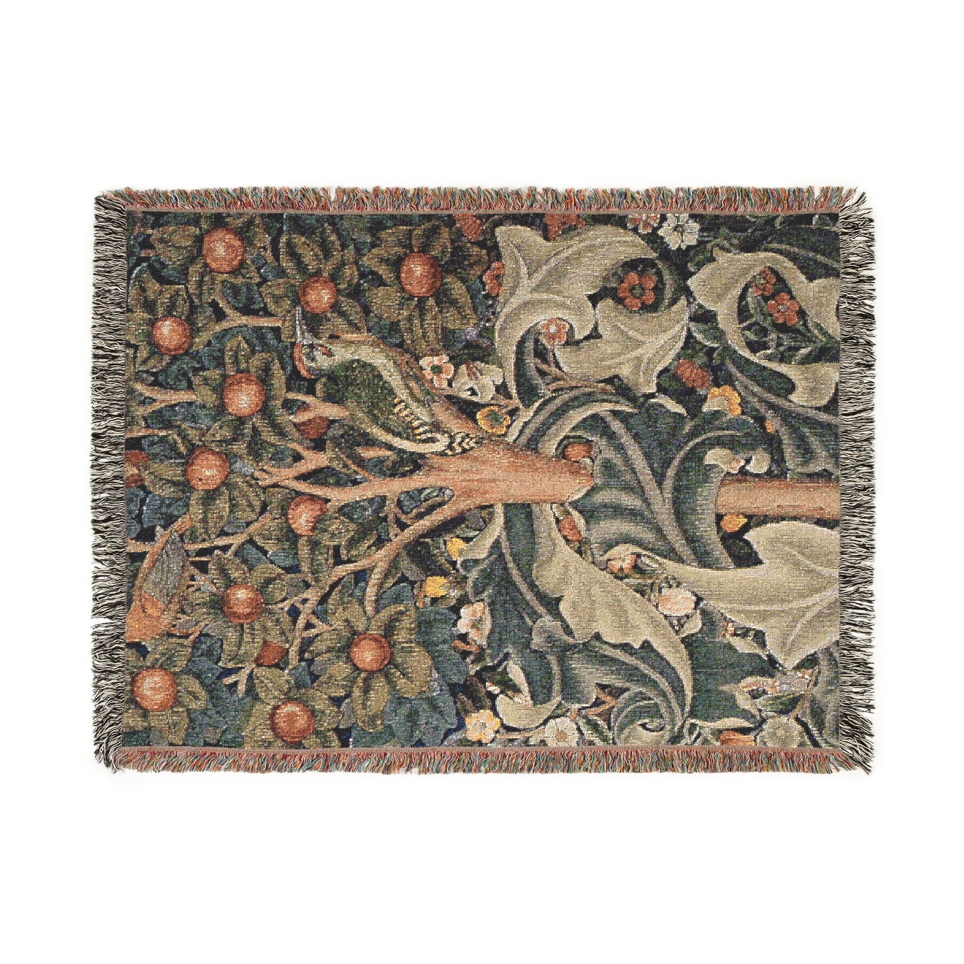 A woven cotton blanket with a floral and bird pattern, featuring a colorful fringe.