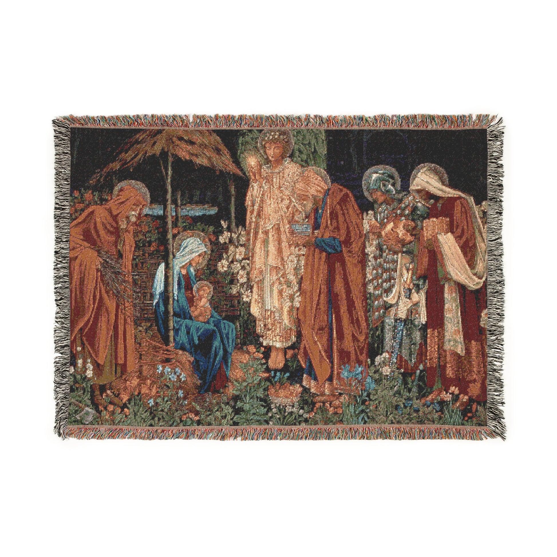 A woven cotton blanket with a geometric William Morris & Co pattern in shades of brown, beige, and blue, featuring colourful fringed edges.