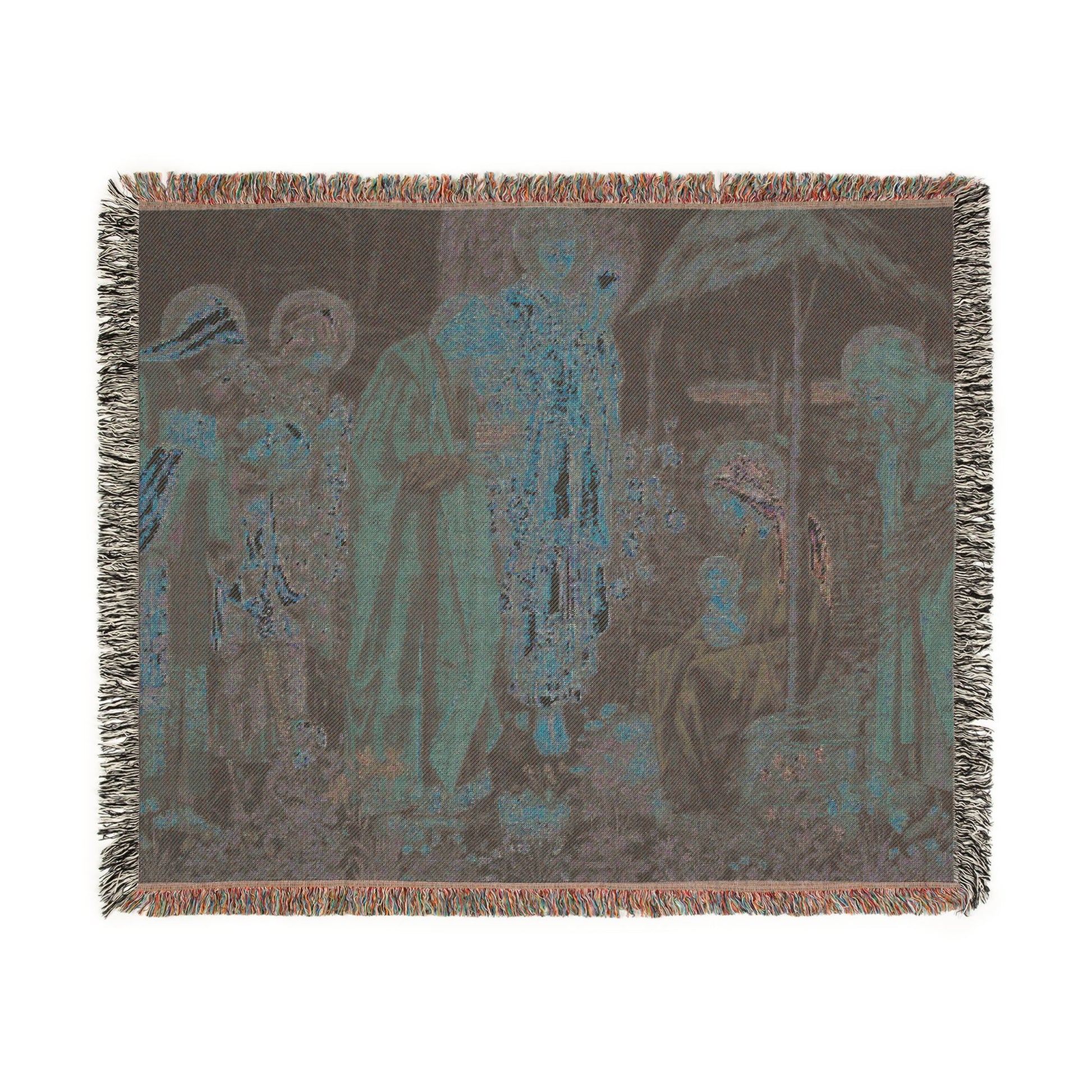 Woven blanket with artistic depiction of figures and nature on a brown background
