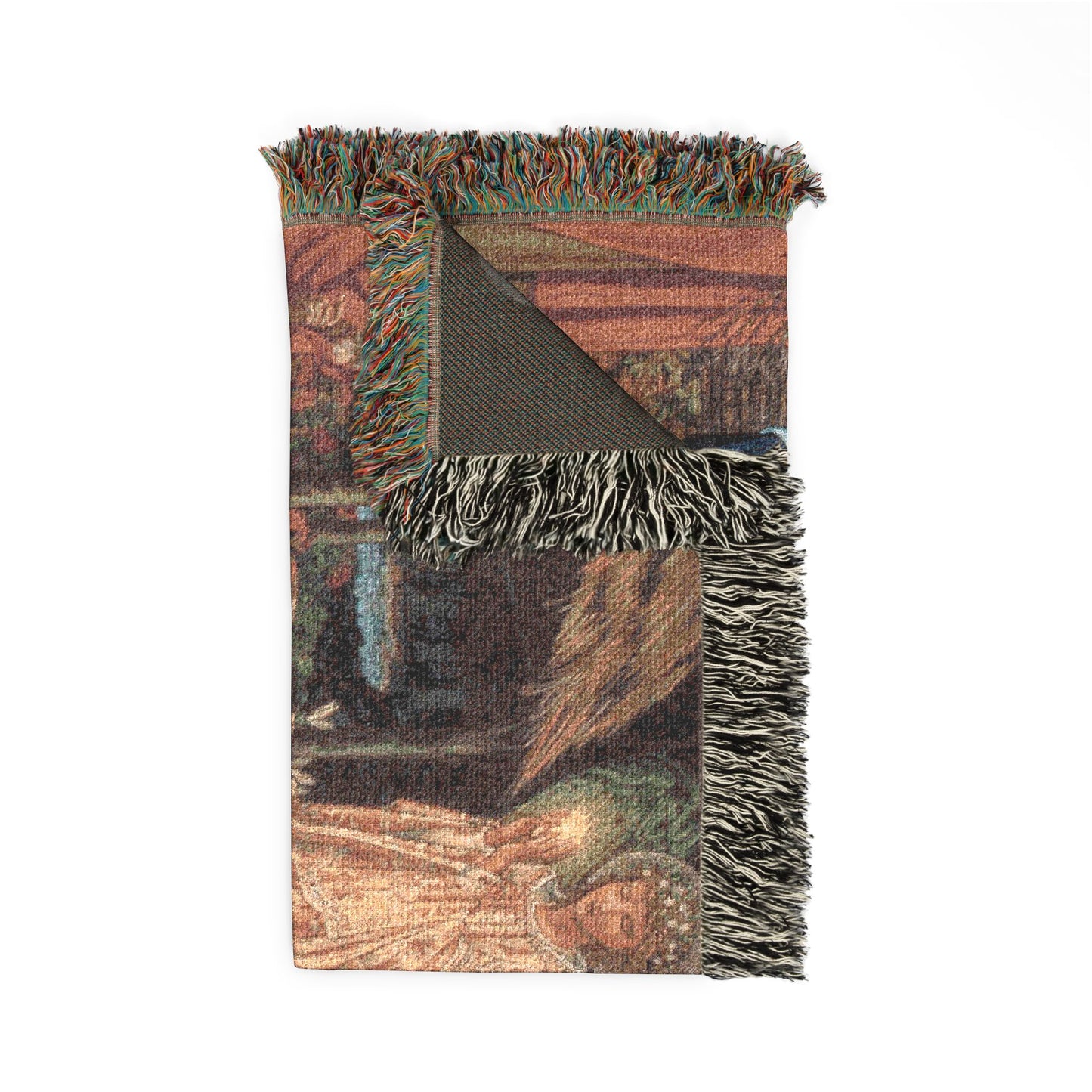 Woven blanket with fringes on a white background