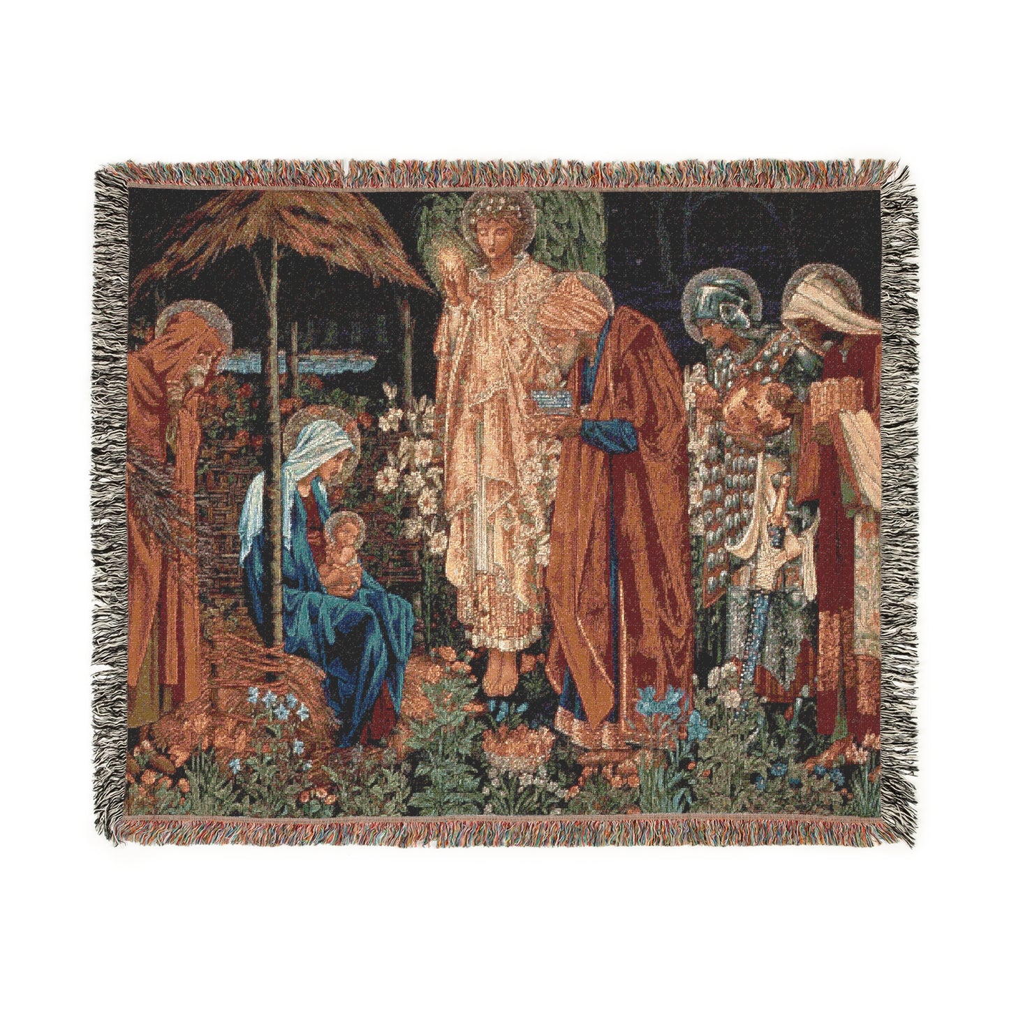 A woven cotton blanket with a geometric pattern in shades of brown, beige, and blue, featuring colorful fringed edges.