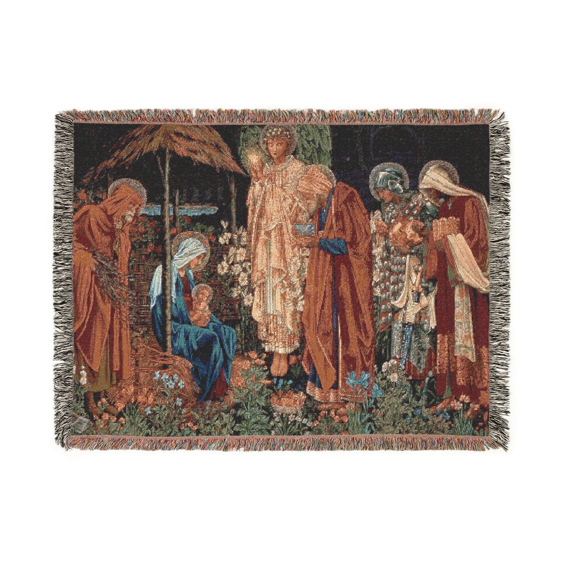 A woven cotton blanket with a geometric pattern in shades of brown, beige, and blue, featuring colorful fringed edges.