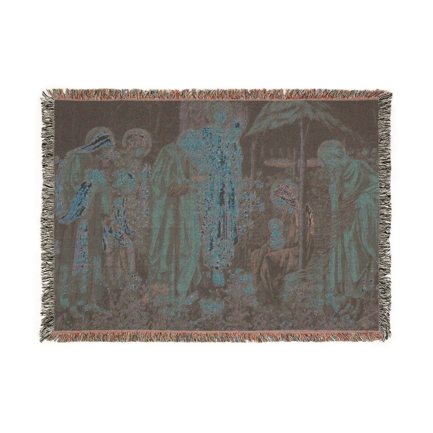 A woven cotton blanket with a geometric William Morris & Co pattern in shades of brown, beige, and blue, featuring colourful fringed edges.