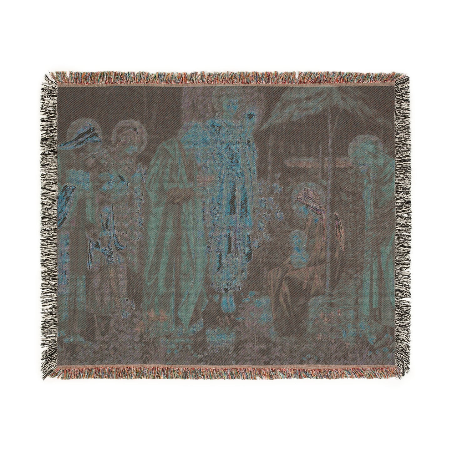 A woven cotton blanket with a geometric William Morris & Co pattern in shades of brown, beige, and blue, featuring colourful fringed edges.