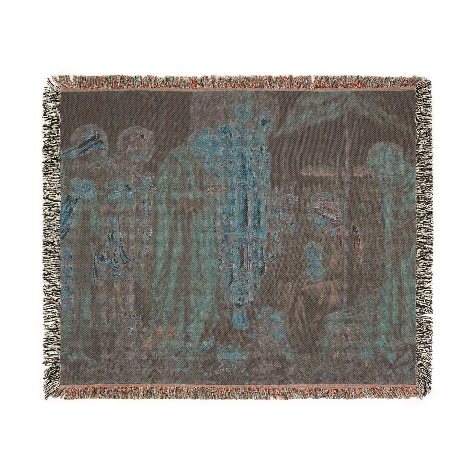 A woven cotton blanket with a geometric William Morris & Co pattern in shades of brown, beige, and blue, featuring colourful fringed edges.