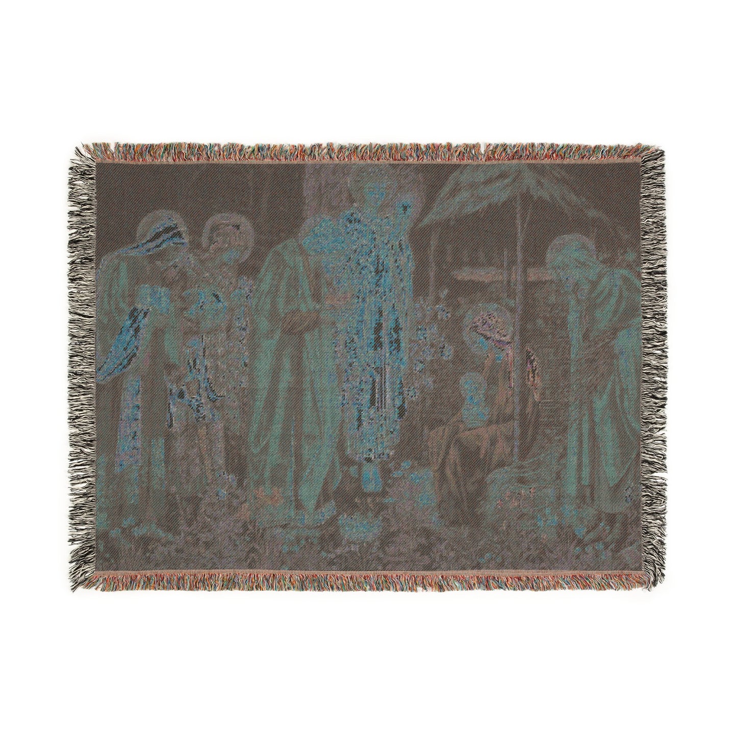 A woven cotton blanket with a geometric William Morris & Co pattern in shades of brown, beige, and blue, featuring colourful fringed edges.