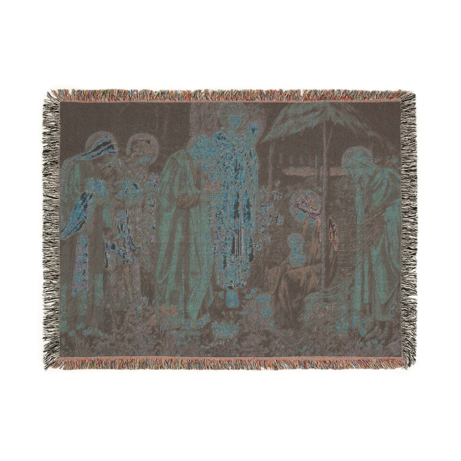 A woven cotton blanket with a geometric William Morris & Co pattern in shades of brown, beige, and blue, featuring colourful fringed edges.