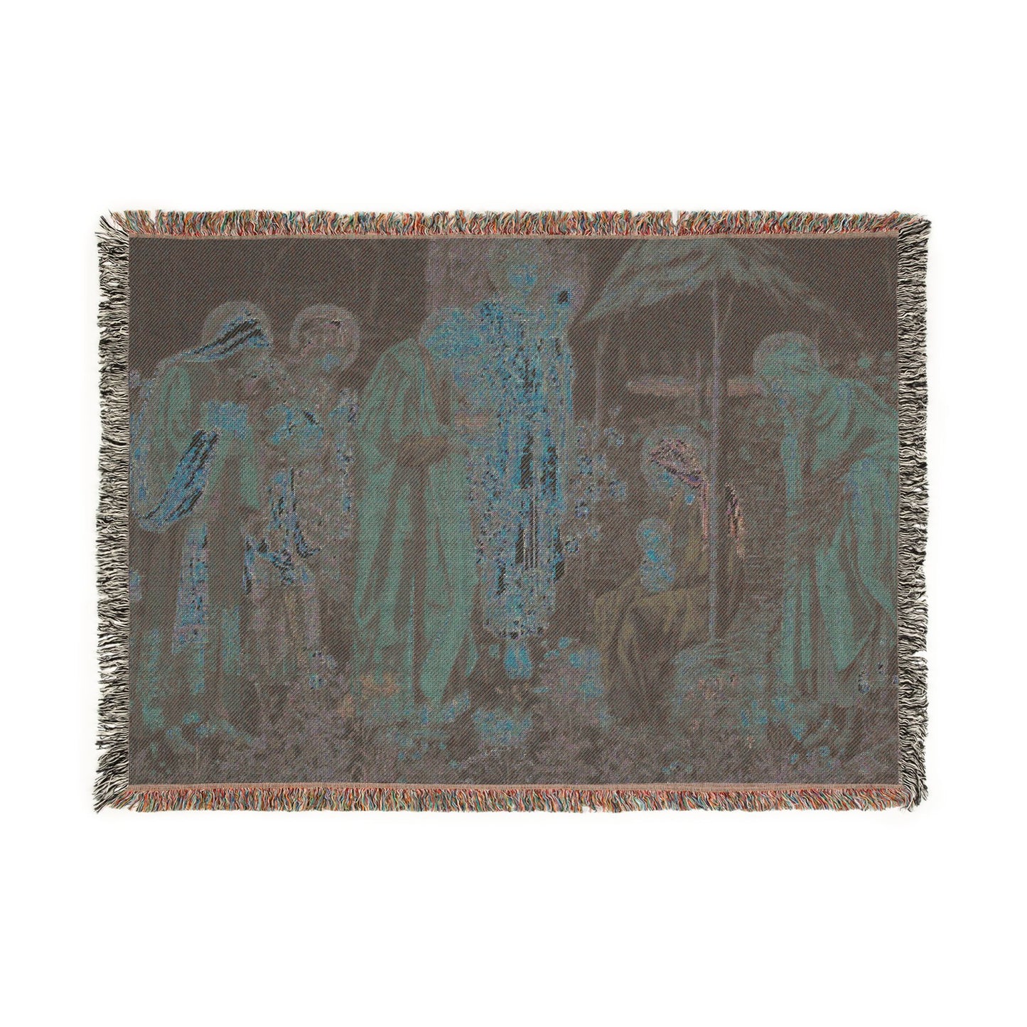 Woven blanket with a religious scene design on a white background
