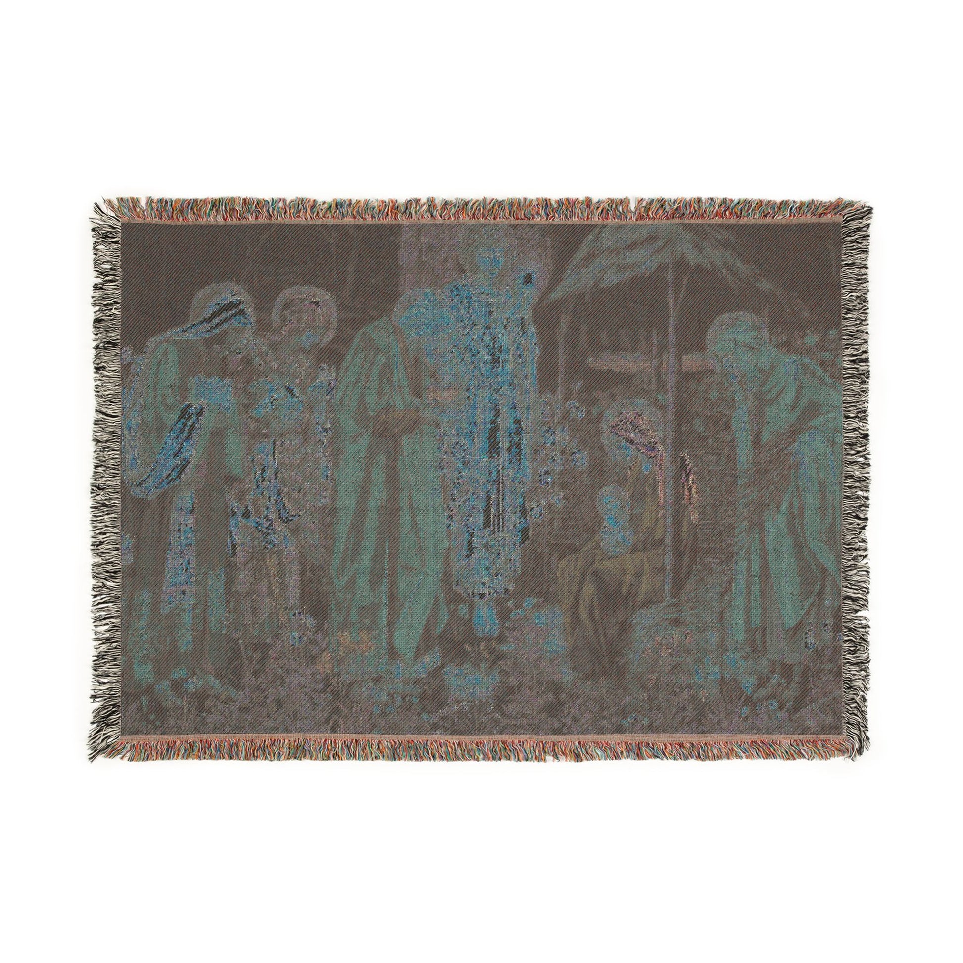 Woven blanket with a religious scene design on a white background