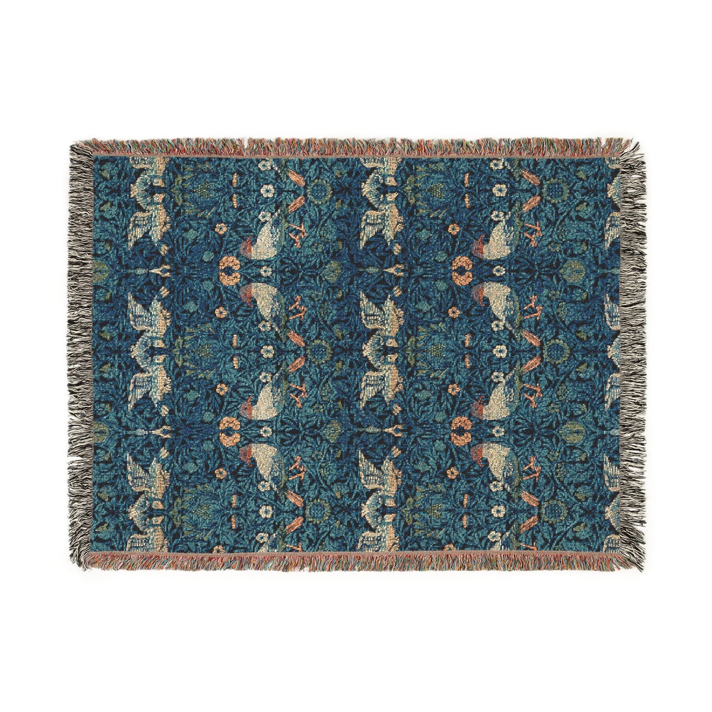 A woven cotton blanket with a geometric pattern in shades of blue and a fringed edge.