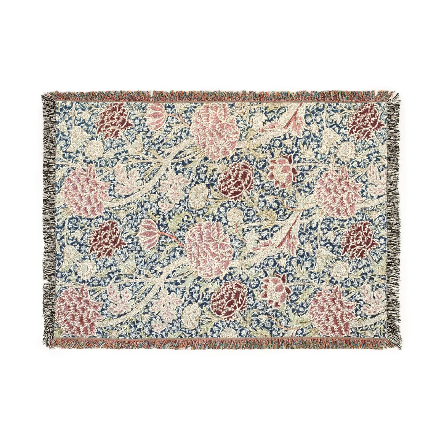 Floral patterned throw blanket with pink and blue flowers on a beige background