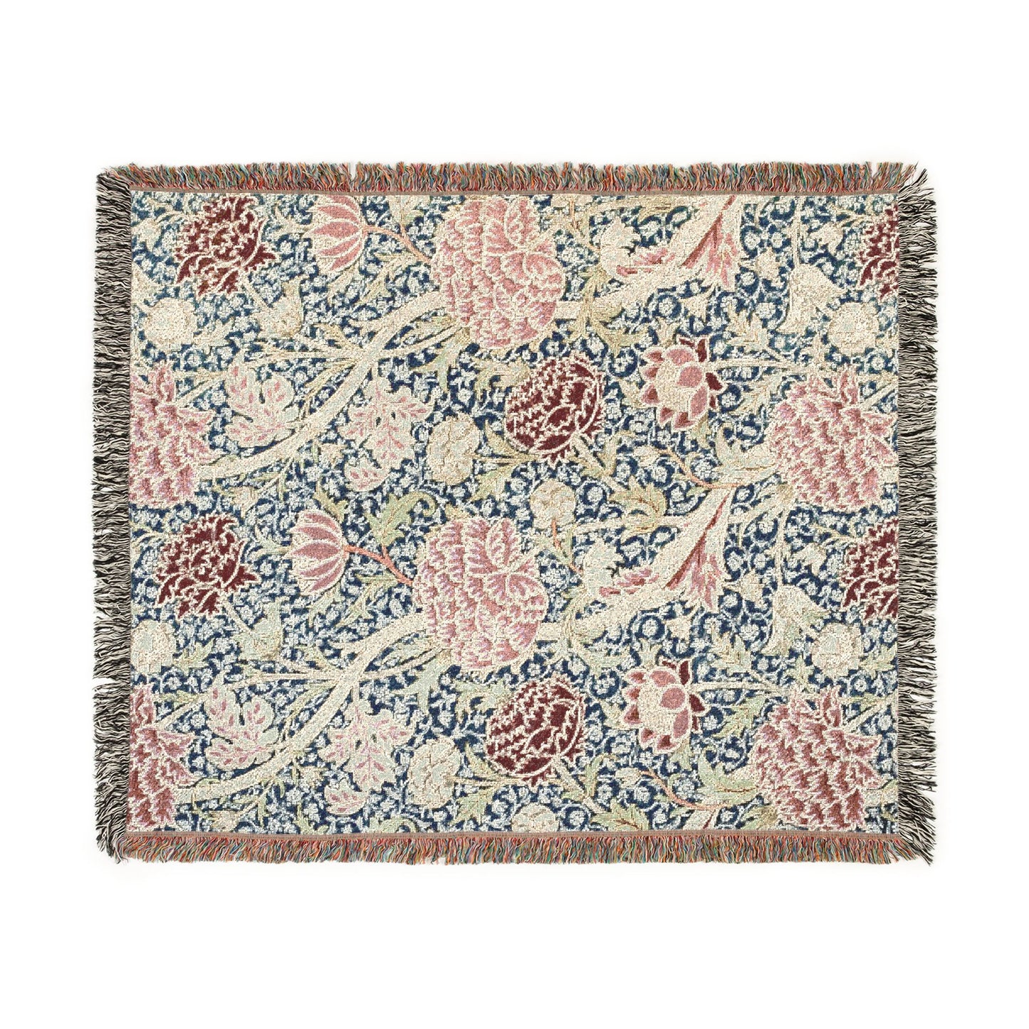 Floral patterned throw blanket with fringe on a white background