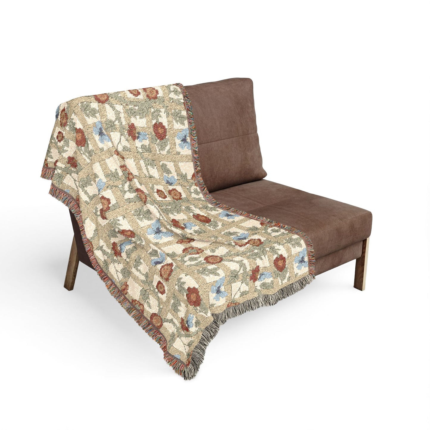 Brown chair with a patterned blanket draped over it on a white background