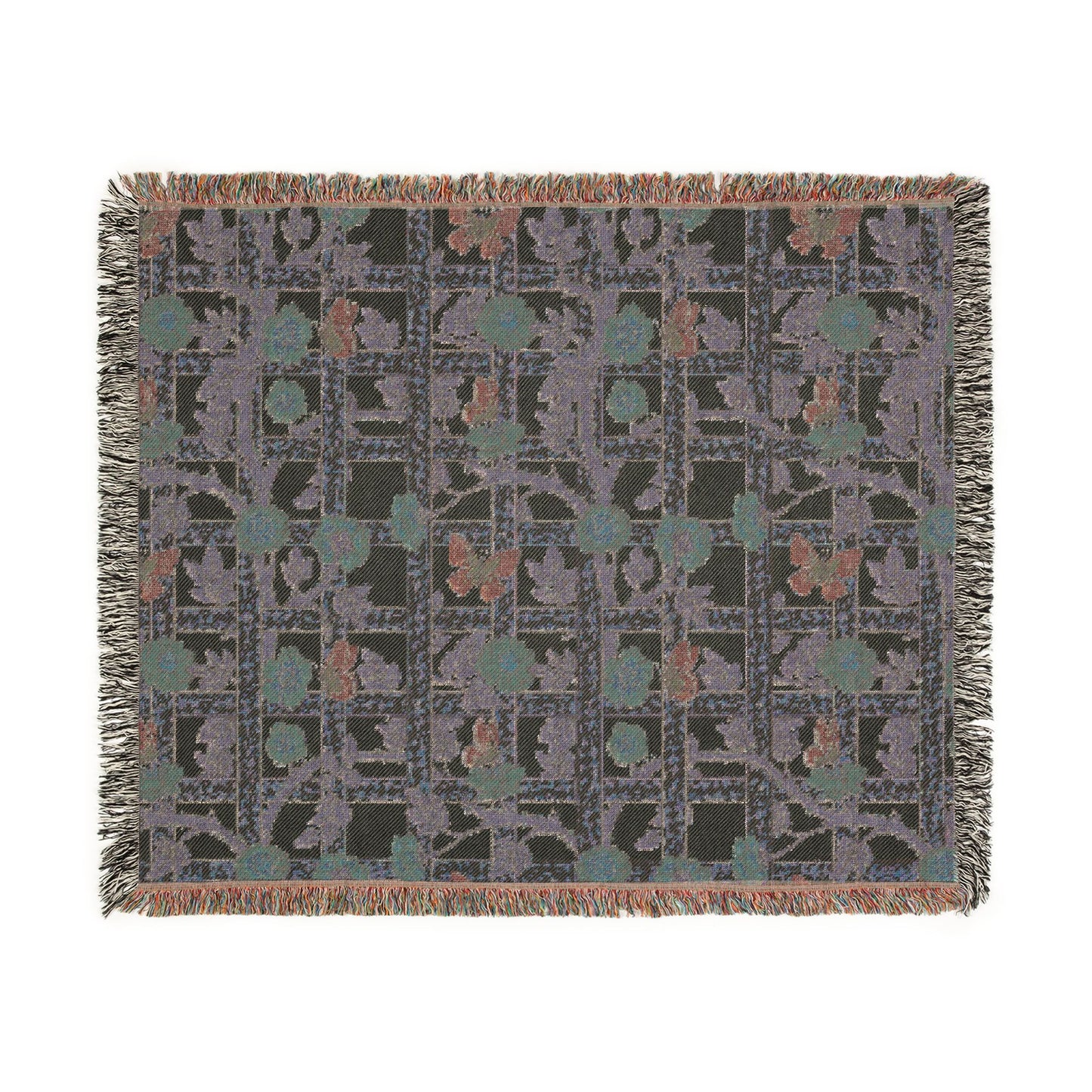 Woven blanket with a geometric pattern on a white background