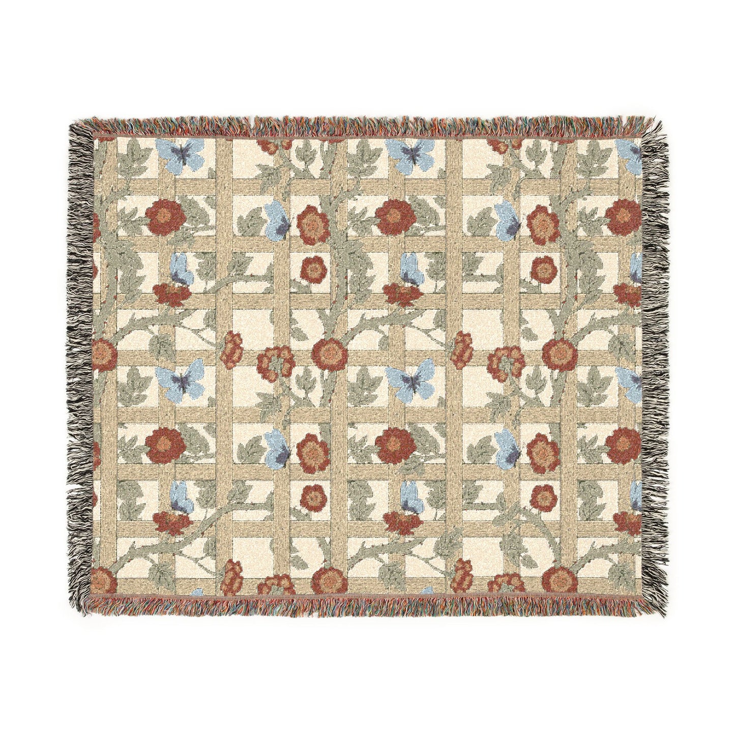Floral and butterfly patterned throw blanket on a white background