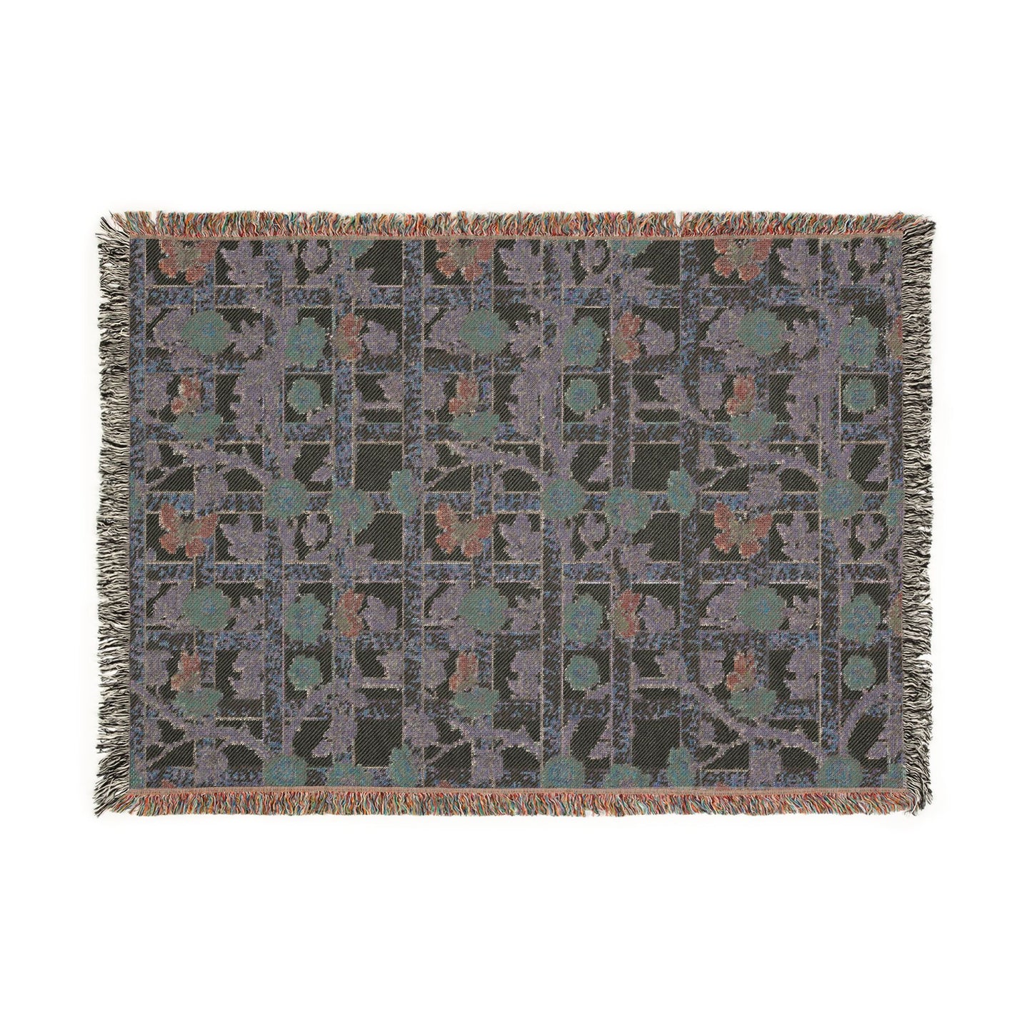 Patterned throw blanket with geometric design on a white background