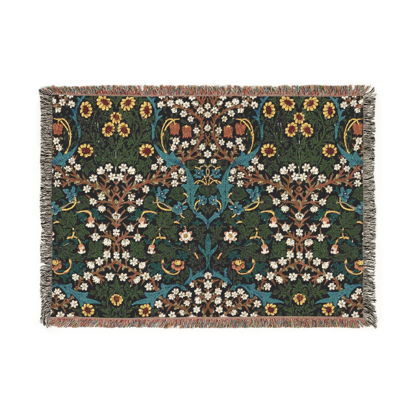 A woven cotton blanket with a floral William Morris & Co pattern in multiple colours, including green, blue, and red, with fringed edges.
