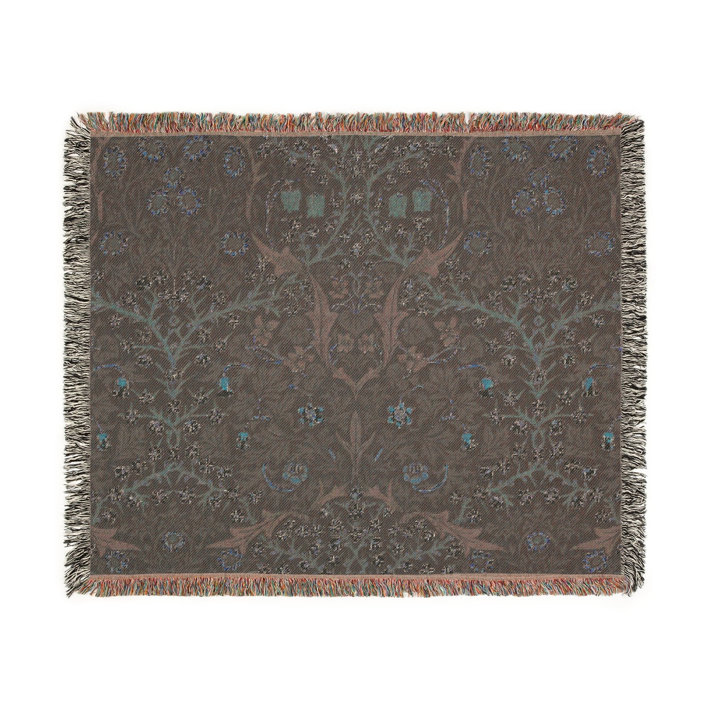 A woven cotton blanket with a floral William Morris & Co pattern in multiple colours, including green, blue, and red, with fringed edges.