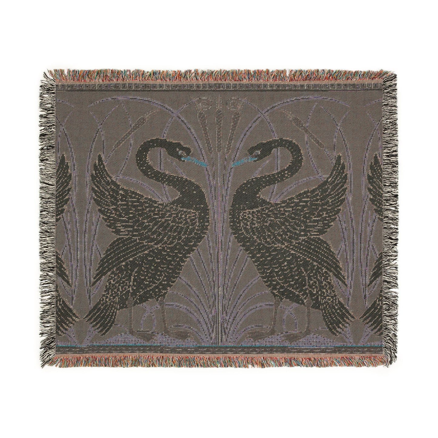 Woven blanket with black swan design on a gray background