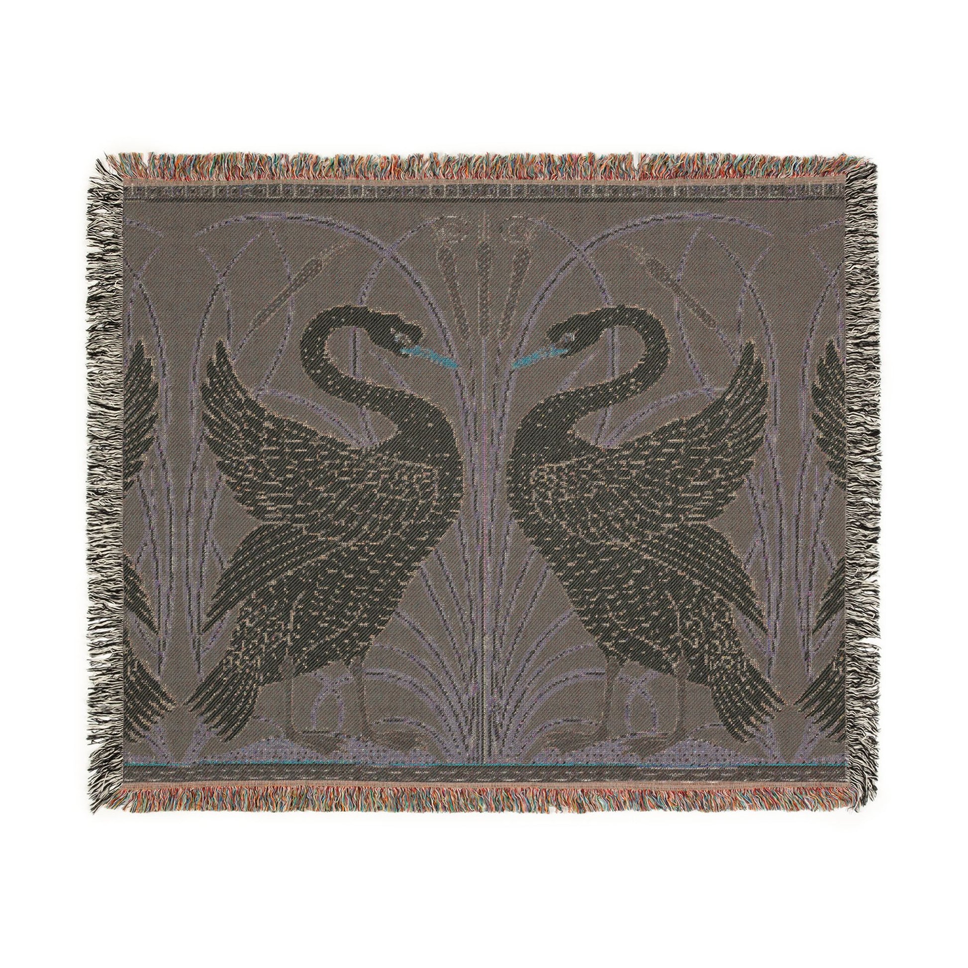 Woven blanket with black swan design on a gray background
