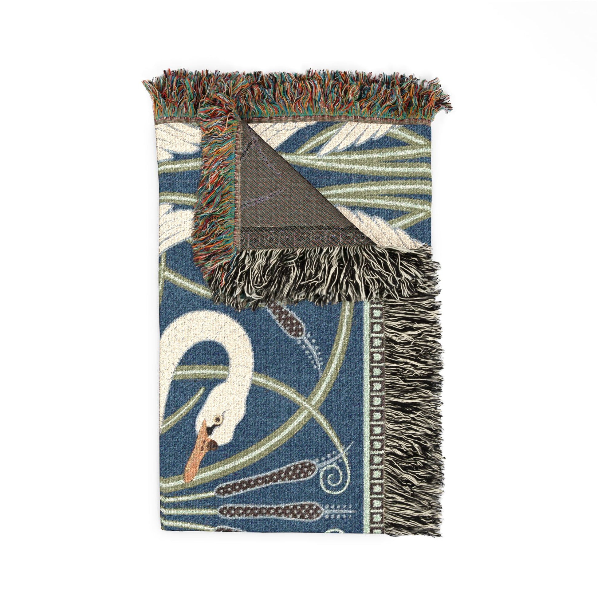 Decorative throw blanket with swan design on a white background