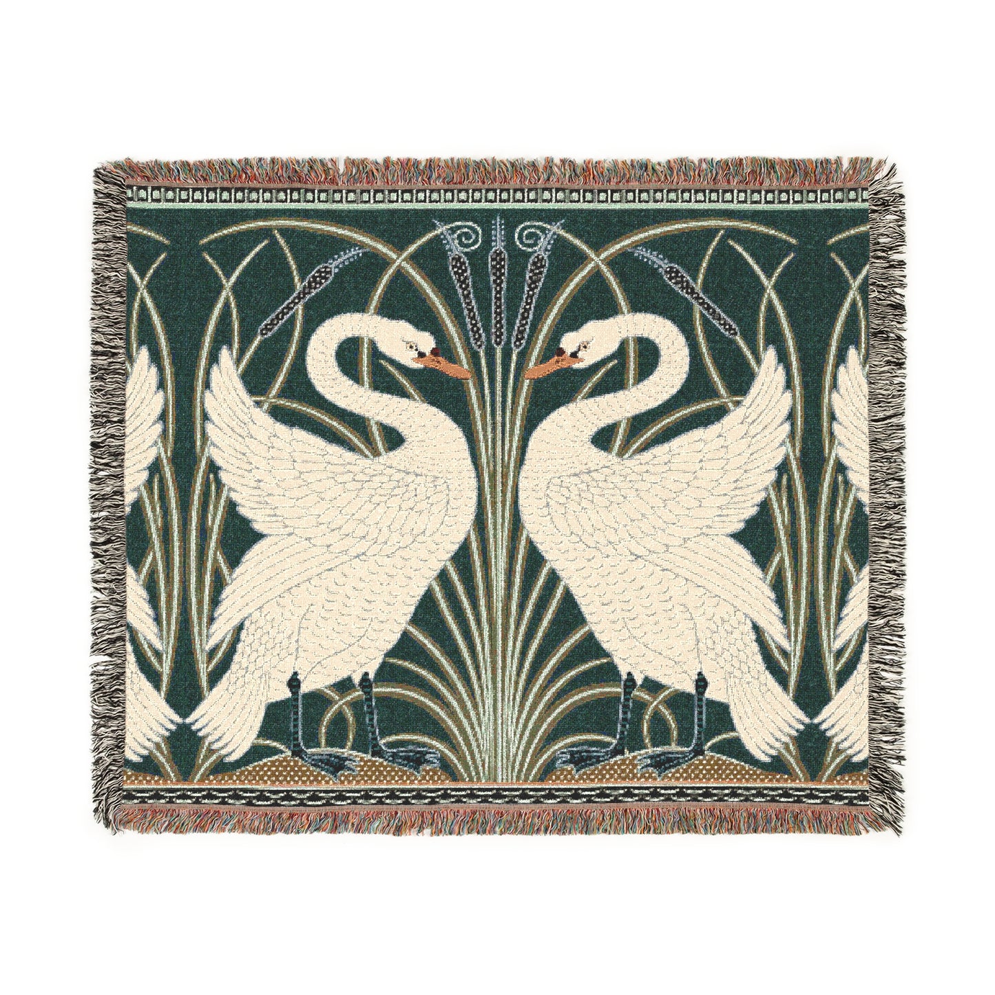 A woven cotton blanket with a geometric pattern featuring swan motifs in a white and green color scheme with colorful fringed edges.