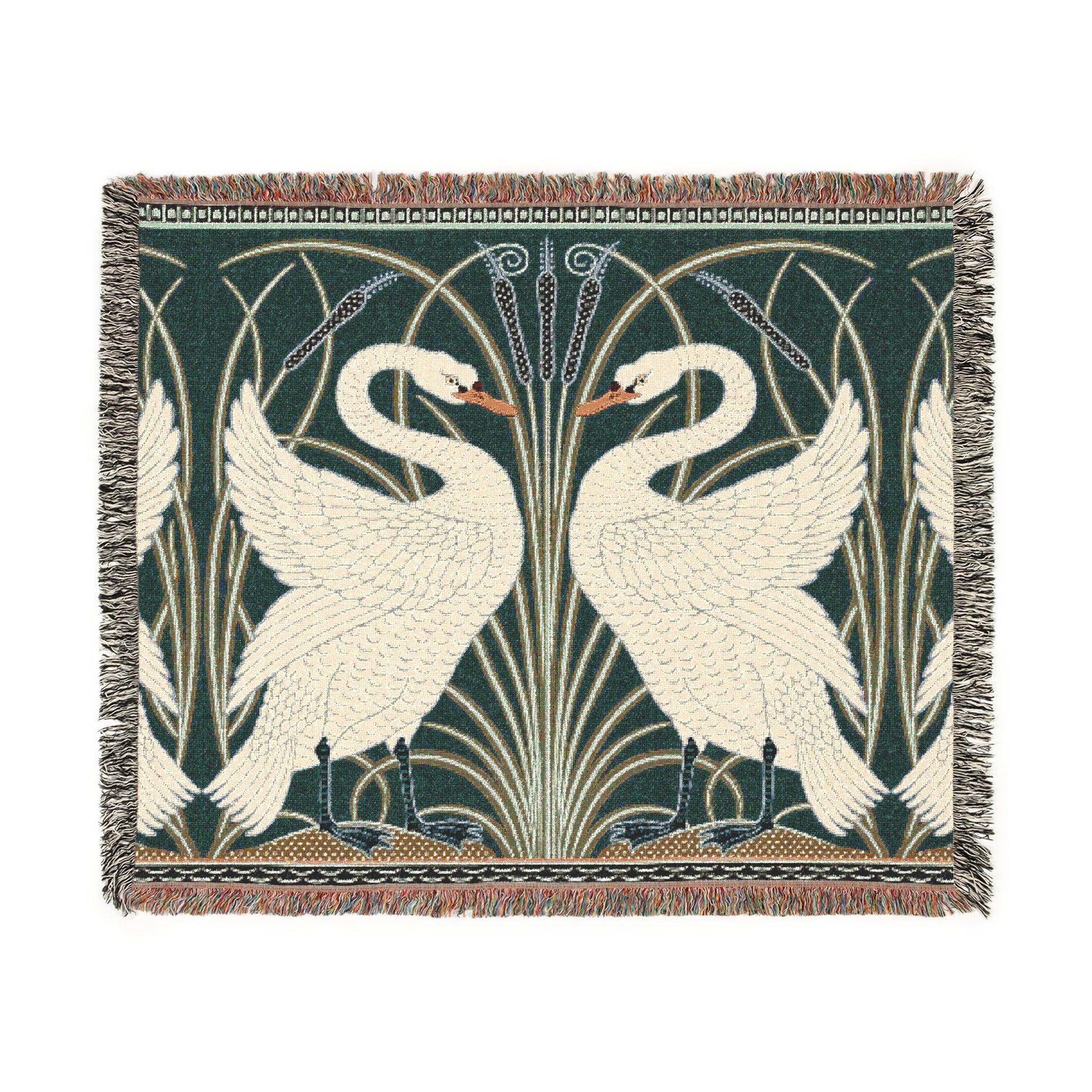 A woven cotton blanket with a geometric pattern featuring swan motifs in a white and green color scheme with colorful fringed edges.