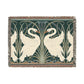 A woven cotton blanket with a geometric pattern featuring swan motifs in a white and green color scheme with colorful fringed edges.