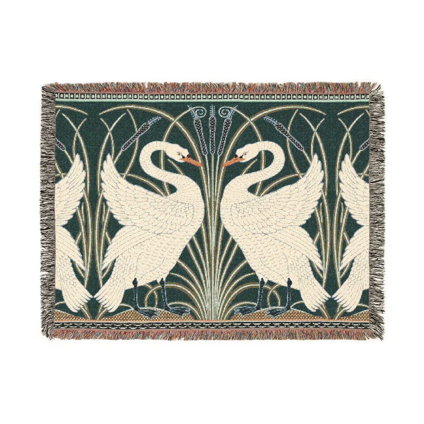 A woven cotton blanket with a geometric pattern featuring swan motifs in a white and green color scheme with colorful fringed edges.