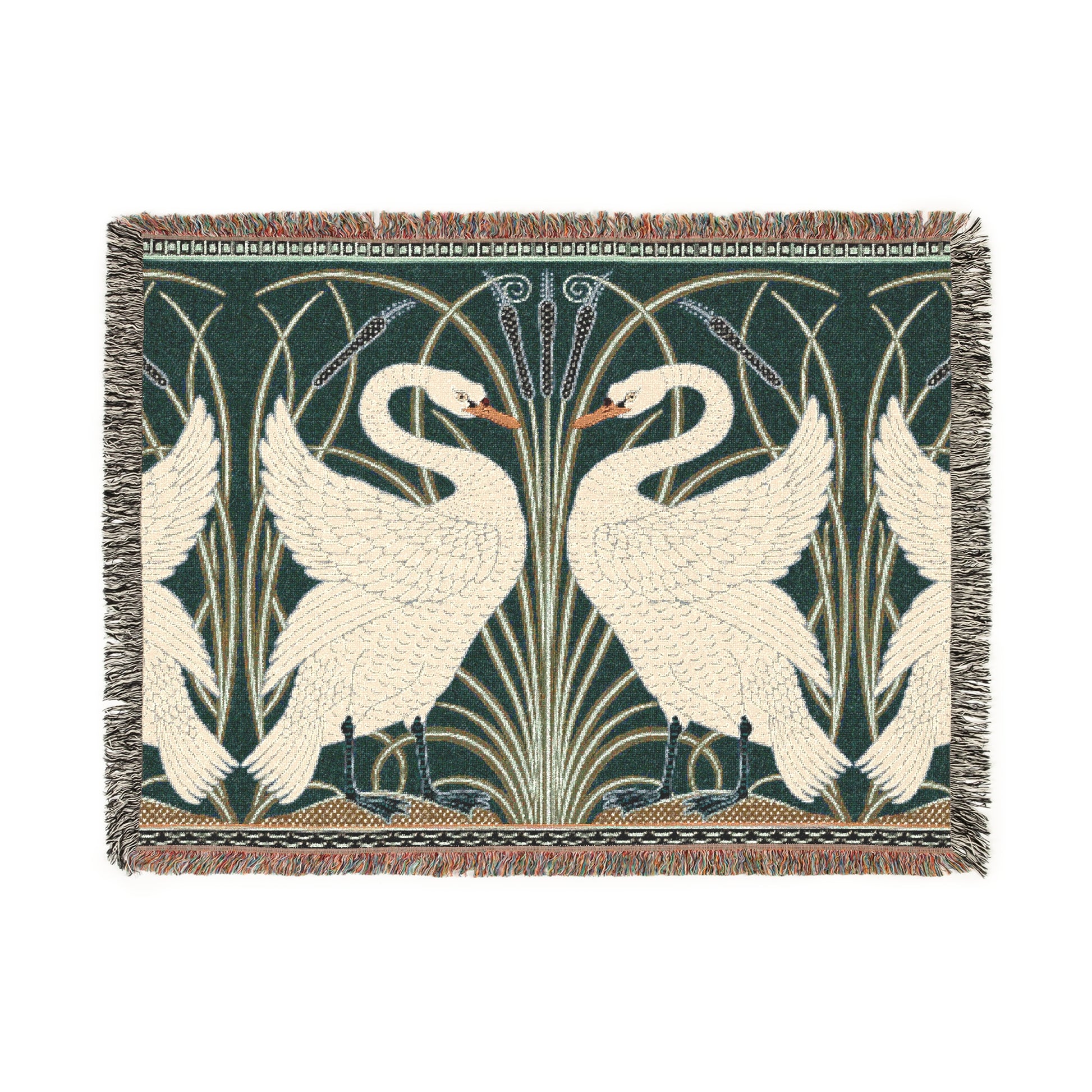 A woven cotton blanket with a geometric pattern featuring swan motifs in a white and green color scheme with colorful fringed edges.