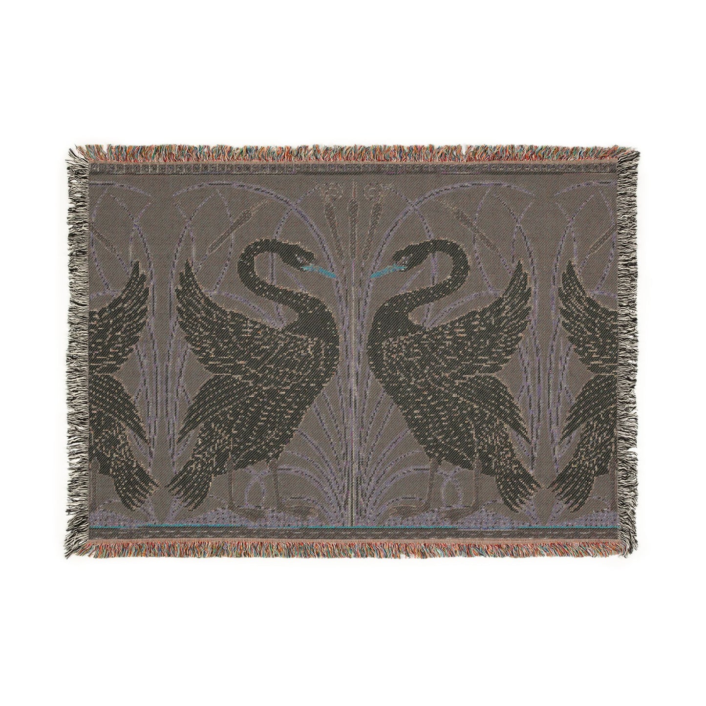 Woven blanket with swan design on a plain background