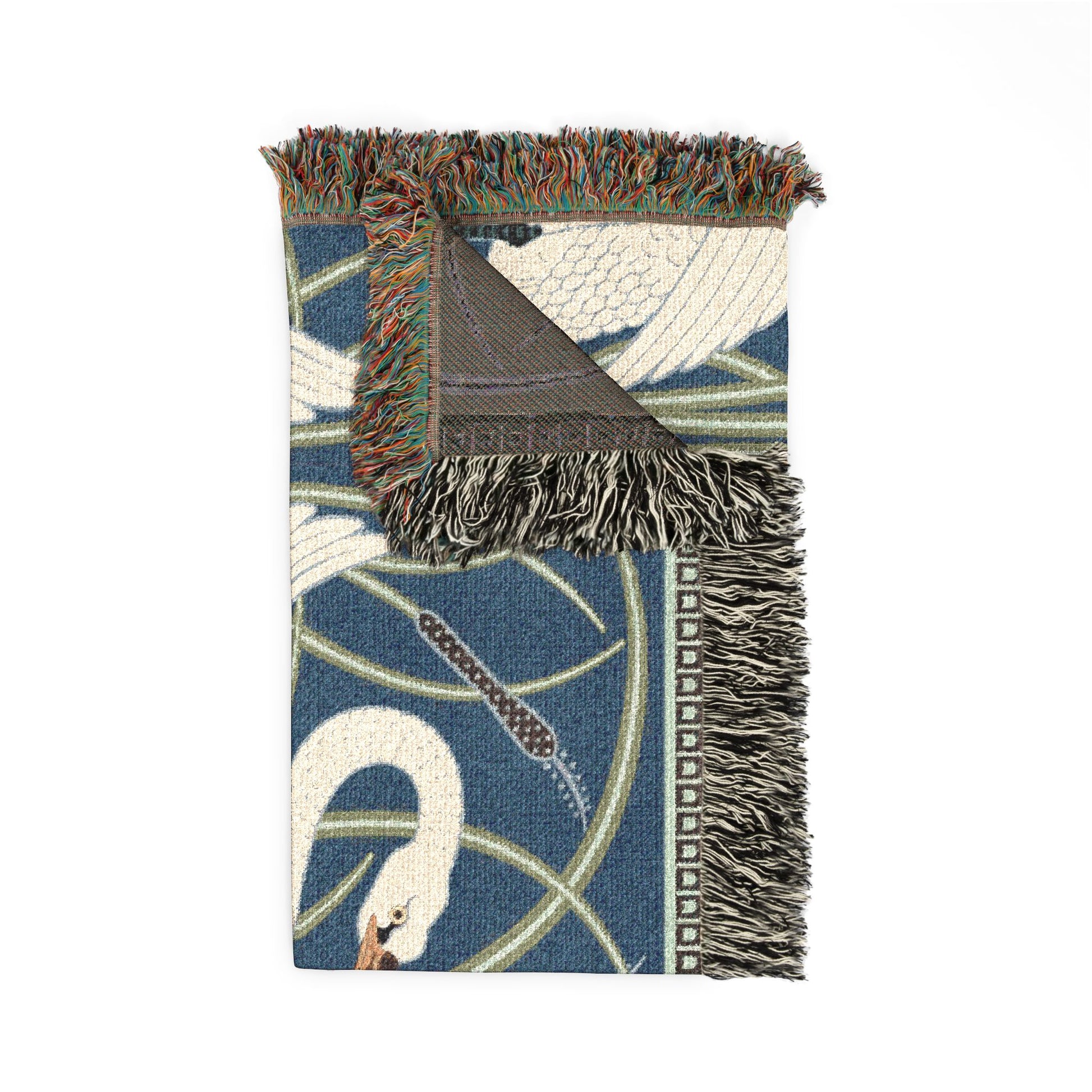 Decorative rug with swan design and fringe details on a white background